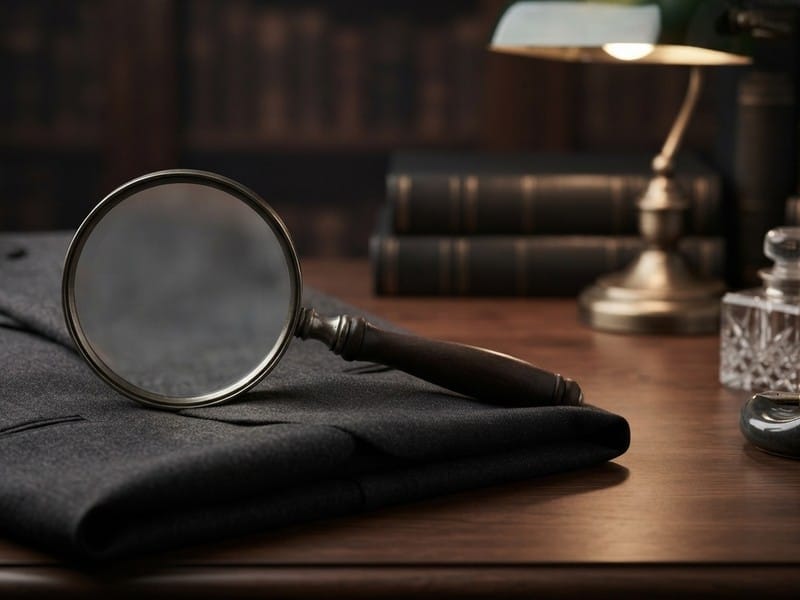 A magnifying glass rests on top of a folded dark suit jacket on a wooden desk beside books and a brass desk lamp.