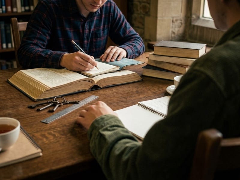 Two people studying at a wooden library table stacked with open books and notebooks