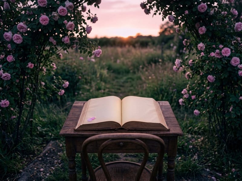 Open book on a small table between blooming rose bushes in a meadow at sunset