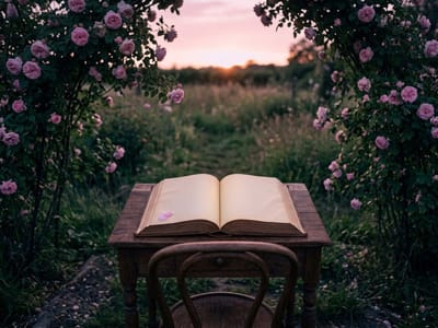 Open book on a small table between blooming rose bushes in a meadow at sunset