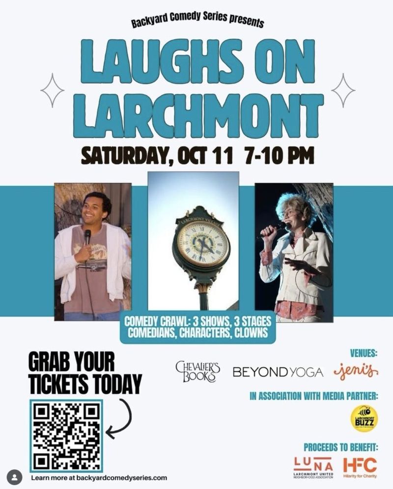 Promotional flyer for the 'Laughs on Larchmont' comedy crawl, Saturday October 11 from 7 to 10 PM, benefiting local charities.